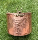 Large Antique Hammered Copper Pot   Horned Brass Handles   Primitive Dovetail