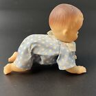 Vtg Japan Wind Up Toy Crawling Celluloid Baby White Blue Polka Dot Pj Cupie Doll