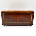 Georgian Greek Key Marquetry Wood Sewing Jewelry Box 7  Inlaid Brass  Antique