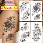 4 Sheets Black Rose Floral Temporary Tattoos Realistic Flower Women Arm Body Art