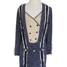  Vintage 20s Silkprint Day Dress Navy Blue White Cream Long Sleeves   S
