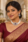 Silver Tone Red Stone Pearl Style Choker Necklace Earrings Set Indian Bridal