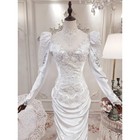 Vintage Mermaid Bridal Gown White Lace Puff Sleeve Ruched Satin Wedding Dresses