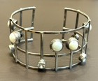 Gorgeous Modernist Sterling Silver Rock Crystal Quartz Pearl Open Cuff Bracelet