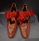 Pair Of Ladies Antique Edwardian Victorian Red Leather Pumps Shoes Boston