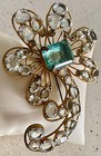 Vintage Vogue Sterling Gold Vermeil Flower Brooch Emerald Cut Aqua Stone Lg 4 