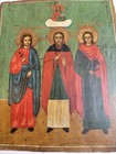 Antique 19thc Russian Orthodox Icon 3 Saints W  Christ Panel Hand Painted Wood