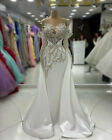 Luxury Long Sleeves White Mermaid Evening Dresses Crystals Prom Party Dresses