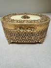 Vintage Vanity Gold Tone Victorian Style Ormolu   Glass Jewelry Casket Box
