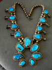 Native American Rich Morenci Blue Turquoise Sterl Silver Squash Blossom Necklace