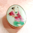 Large Oval Antique Porcelain Shard In Metal Oriental Man Picture Button   1-1 4 