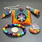 7 Chakras Orgone Pyramid Gift Set  5 Pieces  Rainbow 7 Stone Crystal Resin Reiki