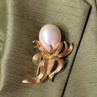 Large Faux Pearl Flower And Leaf Gold Tone Brooch Pin