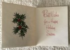 Unused Christmas Poinsetta Holly Berry Glitter Vintage Greeting Card 1940s 1950s