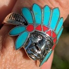Sterling Silver Southwestern Chief Turquoise Indian Headdress Inlay Ring Size 9
