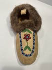 Single Vintage Beaded Indian Moccasin On Hide -rabbit Fur With Floral Beading