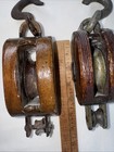 2 Vtg Cast Iron   Wood Block And Tackle Pulleys With Hooks Unmarked 4 25      4   
