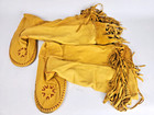 Vtg Handmade Deerskin Moccasin Boots Knee High Yellow Leather Fringe Sz 11w 9m