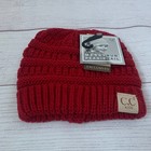 C c Kids Red Cable Knit Beanie Tail Messy Bun Ponytail Winter Stocking Hat