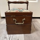 Vintage Wood Sewing Box Expandable Accordion 2 Tier Floral Tapestry Top 12x6x9