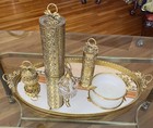 Antique Gold Vanity Set  7 Pc Ormolu Filigree Tray Etc Matson  Hollywood Regency