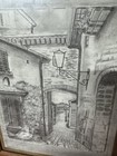 Original Pencil Drawing European Village Street Scene Framed 12x15 Vintage Art