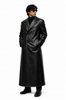 Men Black Leather Trench Coat Long Overcoat Double Breasted Gothic Winter Jacket