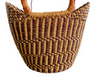 African Ghana Bolga Hand-woven Market Basket Purse Leather Handles Neutral Color