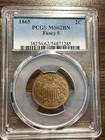 1865-p Fancy 5 Two Cent Piece 2c Pcgs Mint State 62 Ms 62 Brown  bn  Fancy Five 
