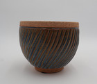 Signed Blue   Brown Lidded Stoneware Studio Art Pottery Jar  Ribbed Ceramic