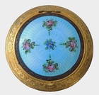 Vintage Rouge   Powder Compact Blue Guilloche Enamel Roses Goldtone