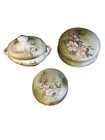 Vintage Nippon Style Hand Painted Floral Vanity Dresser Boxes Covered Bowl 3 Pc