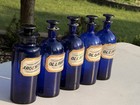 Rare 1870   s Cobalt Blue Apothecary Pharmacy Label Under  Glass  Lug Bottle Set