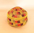 Vintage Lidded Coil Basket Colorful Woven Sweetgrass Round Pink Purple Green 4x3