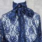 Vintage Black Blue Lace Sheer Long Button Front Blouse Pussycat Bow Collar