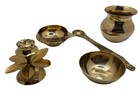 Satvik Set Of 5 Handmade Indian Puja Pure Brass Engraved Design Pieces Gorgeous