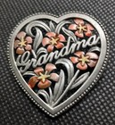 Vtg  jj  Jonette Jewelry Silver Tone Pewter  grandma  Floral Heart Brooch Pin 