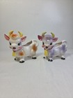 2 Adorable Mcm Ceramic Porcelain White Cow Creamers W yellow Bell  Yellow Horns