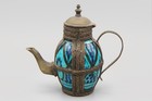 Rare Antique Hand Painted Moroccan Teapot  Turquoise Blue Ceramic And Metal