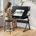 Drafting Table Drawing Desk Adjustable Tabletop W charging Station   Stool Black