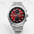 Mens 42mm Quartz Tachymeter Chronograph Watch Silver Steel Red Dial Wristwatch