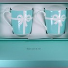 Tiffany   Co  Blue Embossed White Ribbon Bow Mug Pair Set Porcelain Blue Box