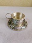 Vtg Alpaca Mexico Abalone Shell Mosaic Inlay On Silver Demitasse  Cup   Saucer