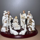 Vtg 1996 10 Piece Hand Painted Porcelain Nativity Set White Gold Trim Wood Base