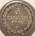 Vatican 1858-r  5 Baiocchi   pius Ix   K1342a  Silver  Very Fine  Soil  7-26