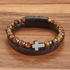 Men s Leather Braided Bracelet Tiger s Eye Bangle Cross Charm Cuff Bracelet