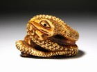 Snake With Frog Design Antler        Netsuke Edo Era Netsuke Inro Antique