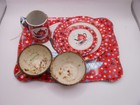 10 Pc Vtg Ohio Art Children s Tin Tea Set  Red Confetti W teapot cup Design