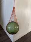 Vtg Medium Hand Blown Green Ball Fishing Float Buoy Globe In Hanging Net