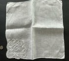 A  Vintage White Linen Hankie Monogram E Hand Embroidery Wedding Bride 12x12